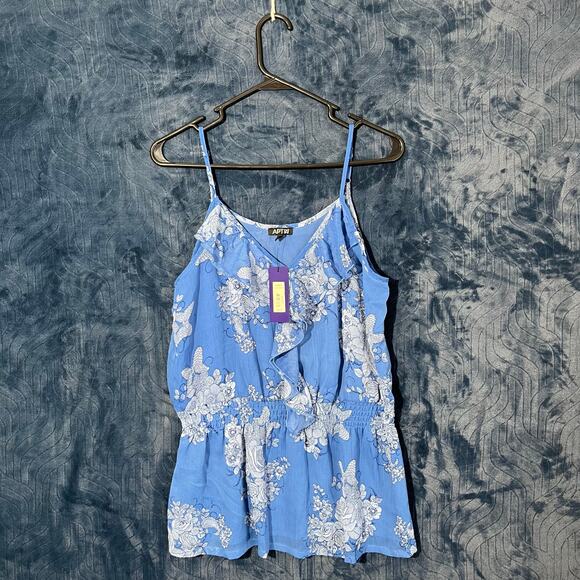 Brand New APT 9 Blue Floral Print Casual String Blouse Shirt Womans Size Medium - Picture 1 of 7